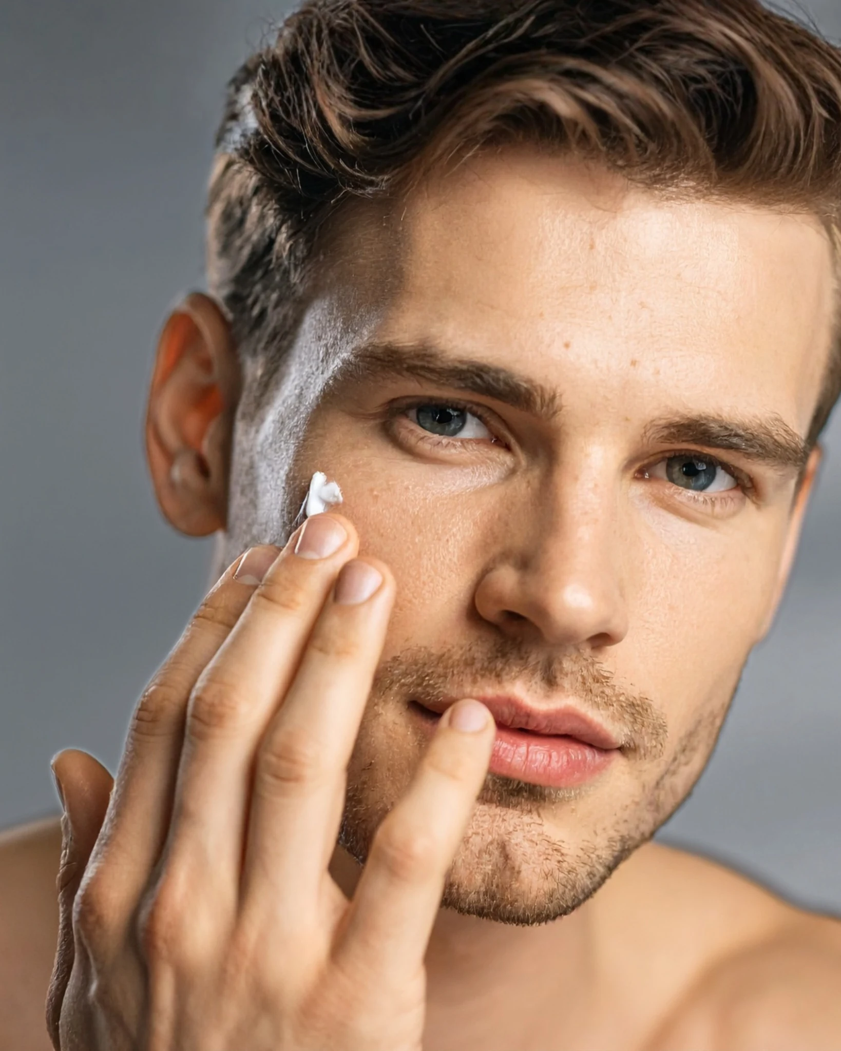 A man applying face moisturizer to his cheek