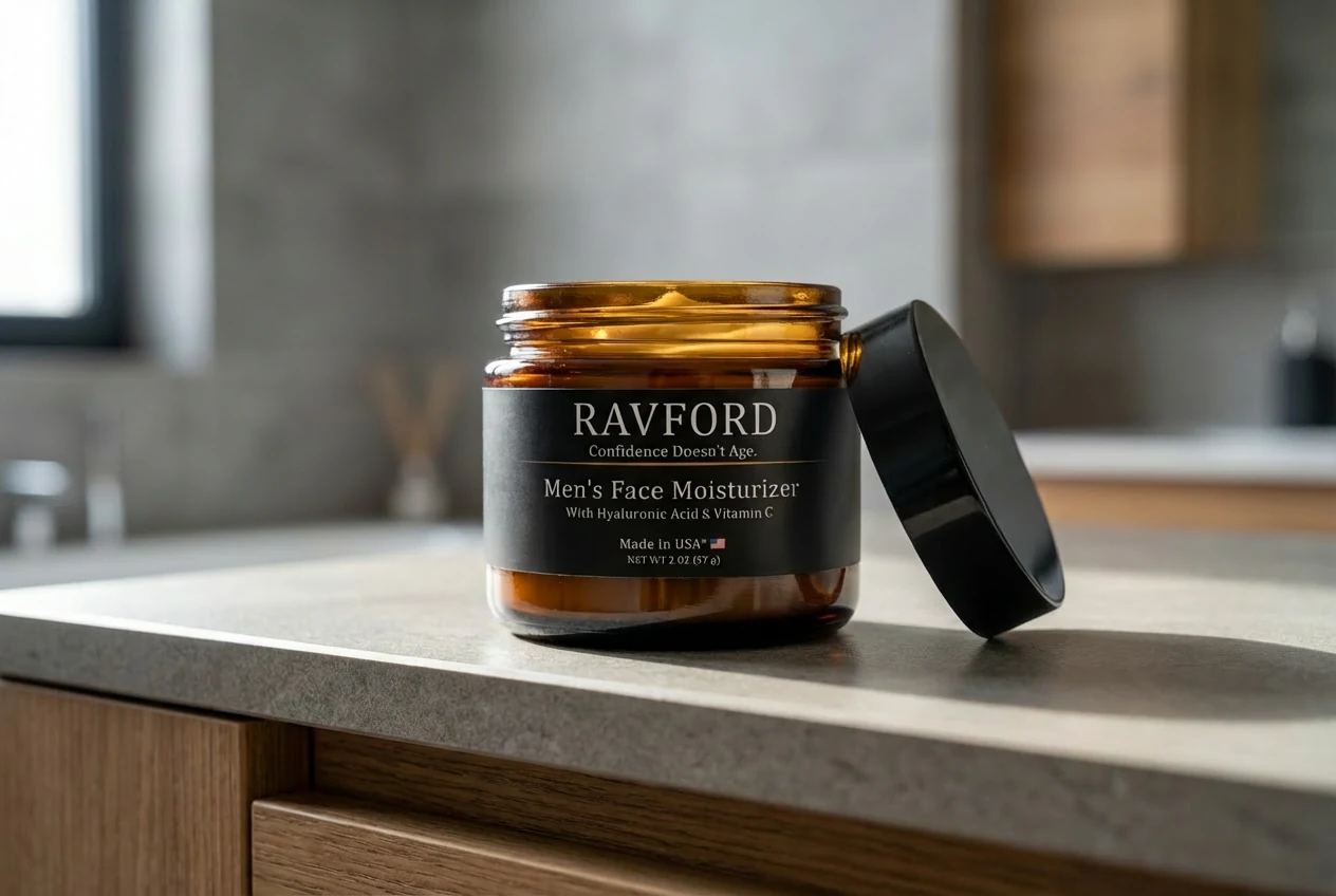 RAVFORD Men's Face Moisturizer in an amber glass jar on a bathroom counter